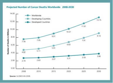 Figure 1: Key factors in these rising rates are the lack of access to information, prevention, early detection, and treatment in developing countries, as well as inadequate medical and public health infrastructure. Cancers are often diagnosed at a late stage, and people suffer needlessly from inadequate palliative care.